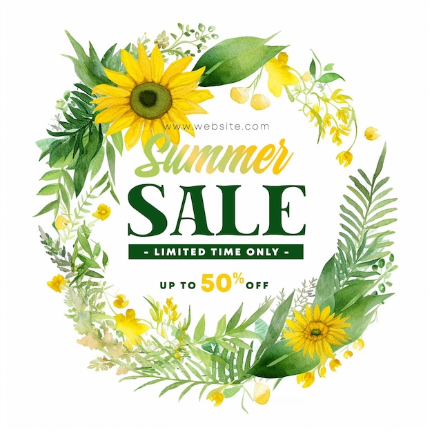 Watercolor summer sale post template with flowers and fern