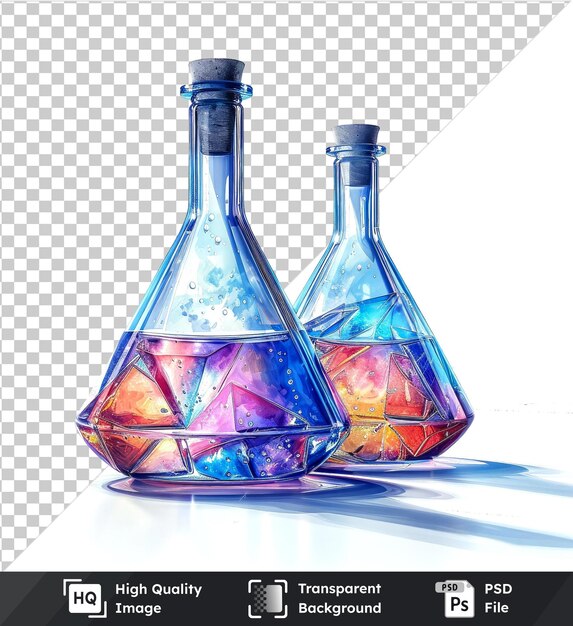 PSD watercolor vector illustration of glass flasks with crystals on isolated background premium quality