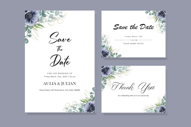 Watercolor vector set wedding invitation card template design with green eucalyptus leaves.