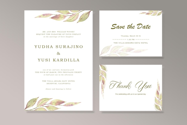 Watercolor vector set wedding invitation card template design with green eucalyptus leaves.