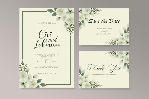 Watercolor vector set wedding invitation card template design with green eucalyptus leaves.