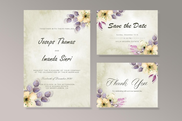 Watercolor vector set wedding invitation card template design with green eucalyptus leaves.