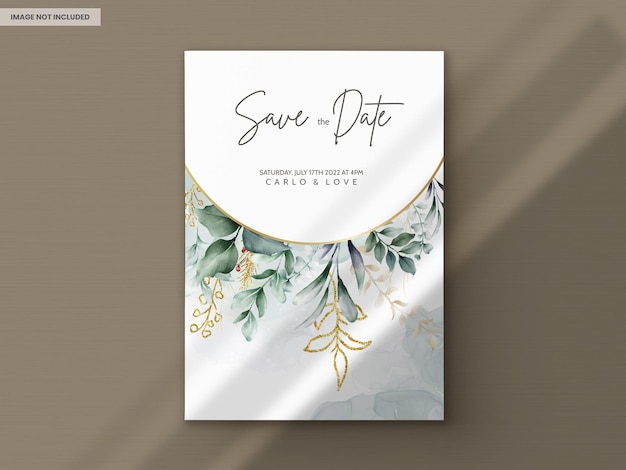 PSD watercolor wedding invitation card in elegant green leaves