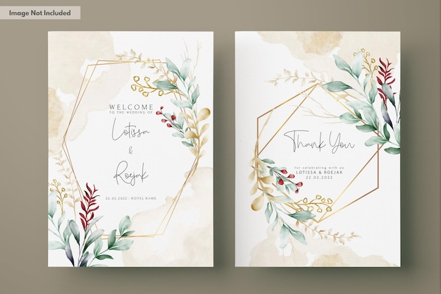 PSD watercolor wedding invitation card in green leaves and gold ornament