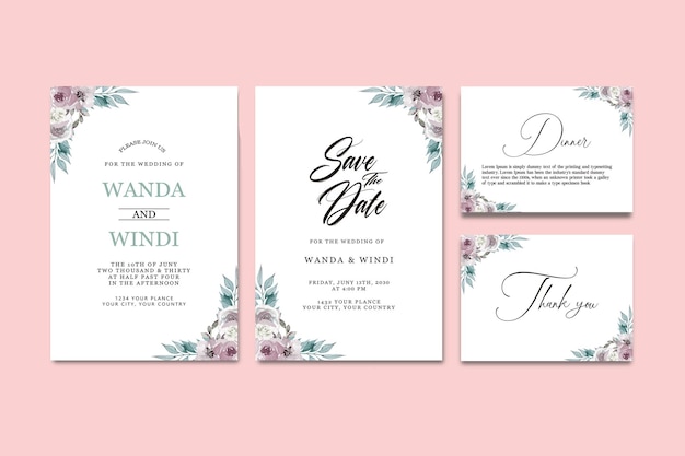 watercolor wedding invitation card template set with line decoration PSD