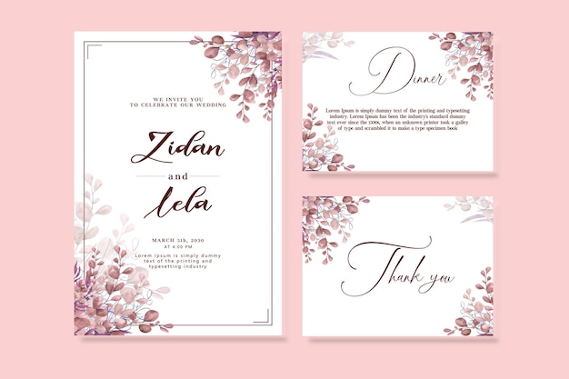 watercolor wedding invitation card template set with line decoration PSD