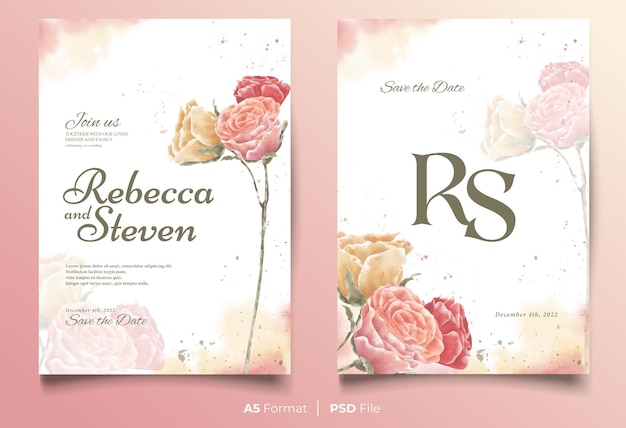 Watercolor wedding invitation template with colorful rose flower ornament