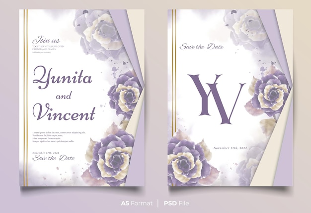 Watercolor wedding invitation template with purple flower ornament