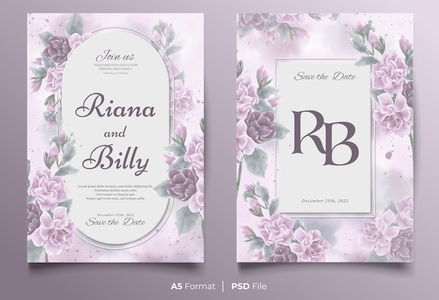 Watercolor wedding invitation template with purple and pink flower ornament