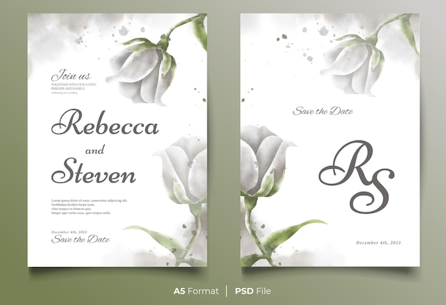 Watercolor wedding invitation template with white and green flower ornament