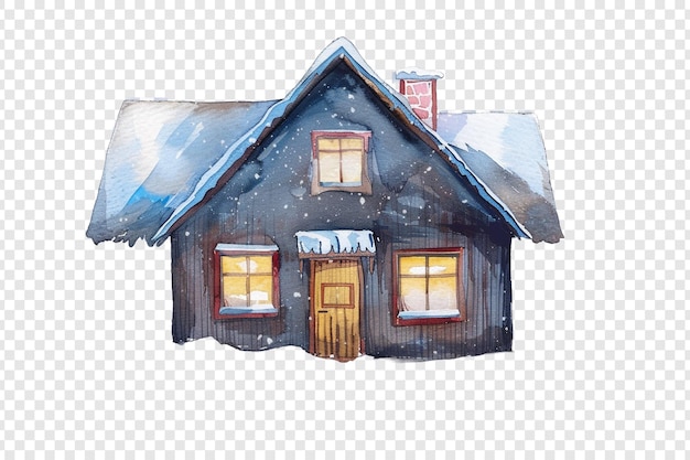 PSD watercolor winter house isolated on transparent background