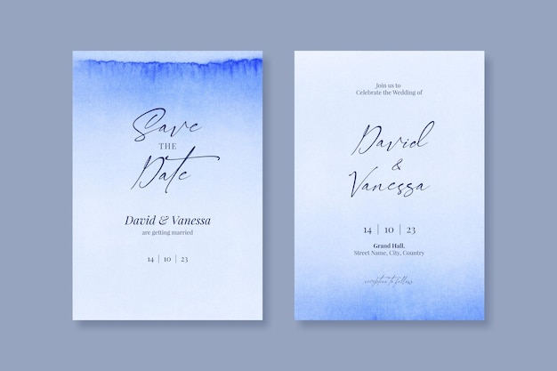 Watercolour blue wedding invite card set template design