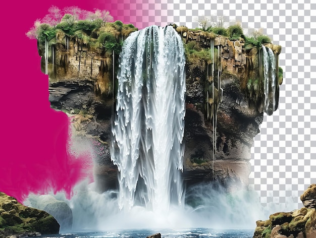 a waterfall is in the background of a pink and white photo