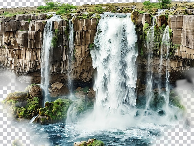 a waterfall is shown in the photo with a background of trees and rocks