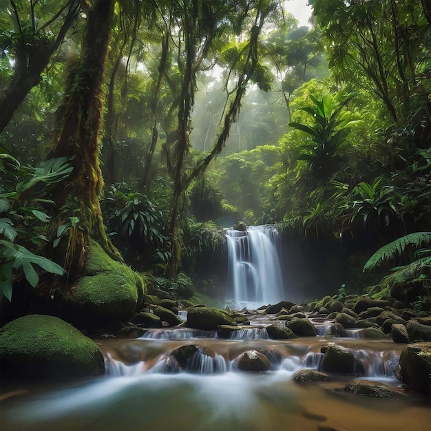 PSD a waterfall in the jungle is surrounded by lush vegetation