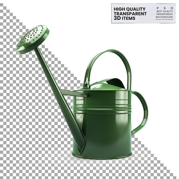 PSD watering can a green metal watering can with long spout on transparent background