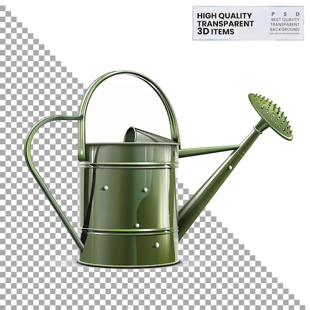 PSD watering can a green metal watering can with long spout on transparent background