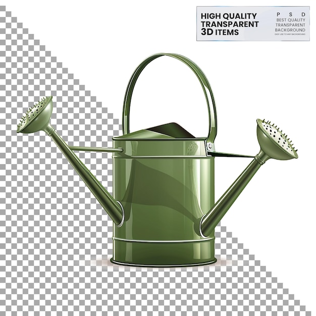 PSD watering can a green metal watering can with long spout on transparent background