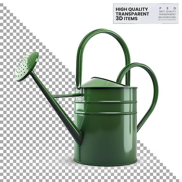 PSD watering can a green metal watering can with long spout on transparent background