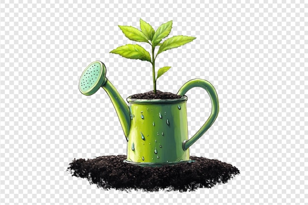 Watering can with a young plant isolated on a transparent background