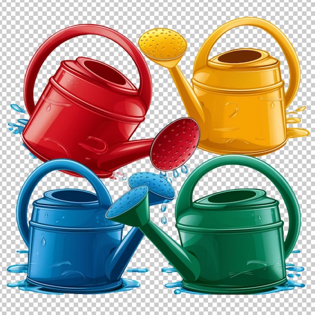 Watering cans in four colors isolated on transparent background