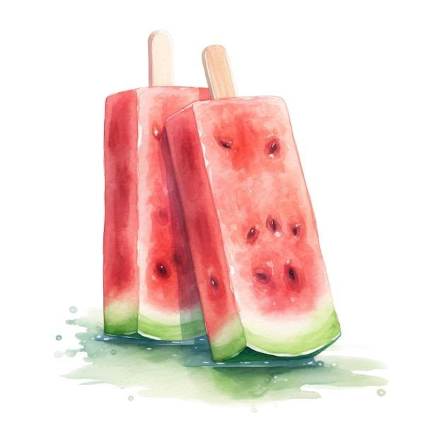 Watermelon Popsicle Ice Cream Illustration Watercolor Style AI Generated