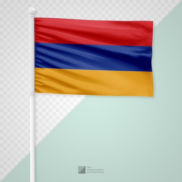 Waving the Armenia Flag on a White Metal Pole Isolated on a Transparent Background