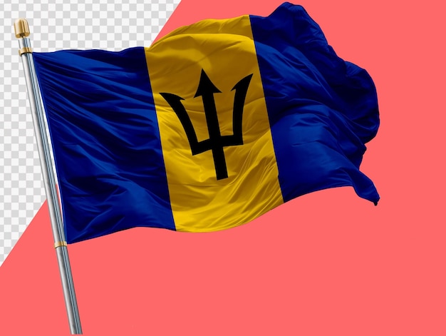 Waving Barbados flag on metal flagpole transparent background high resolution rendering