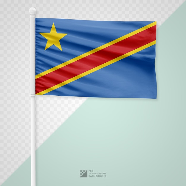 PSD waving the democratic republic of the congo flag on a white metal pole isolated on a transparent background