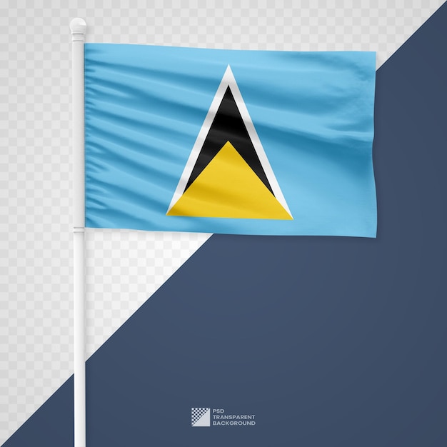 PSD waving the saint lucia flag on a white metal pole isolated on a transparent background