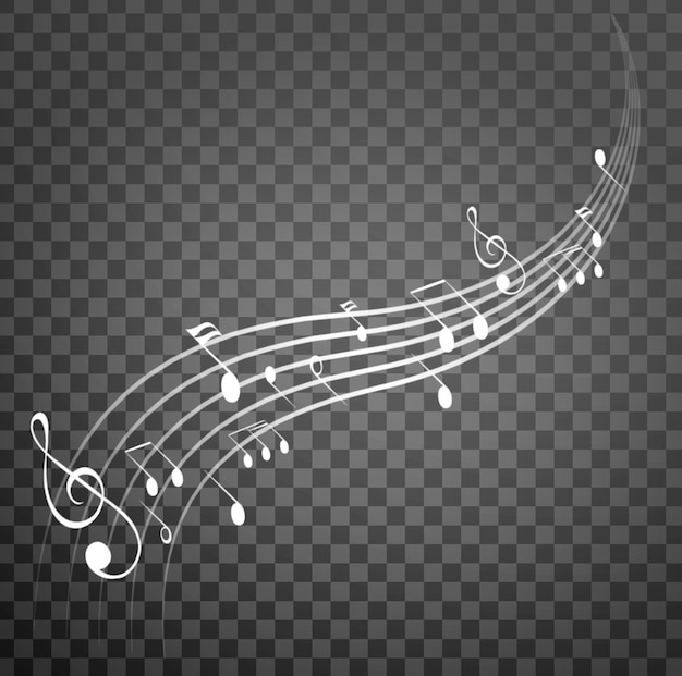 wavy lines or staves of random scattered music notes on a transparent background