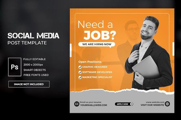 we are hiring job vacancy social media post template or square web banner