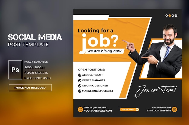 we are hiring job vacancy social media post template or square web banner