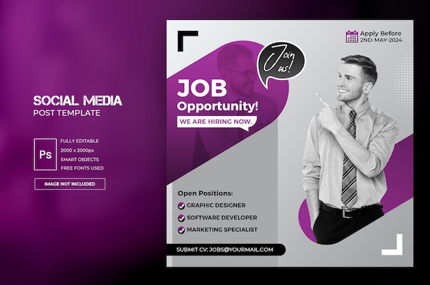 PSD we are hiring or job vacancy social media post template or square web banner