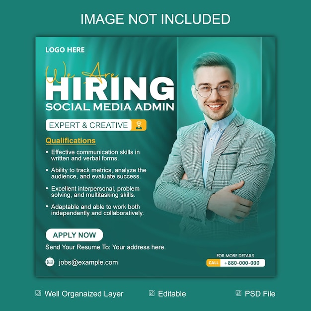 We are hiring job vacancy square banner or social media post template