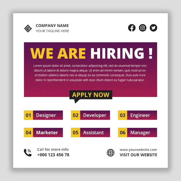 We are hiring job vacancy web banner and social media post design template