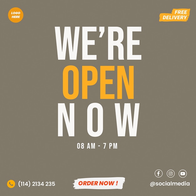 we are open instagram post template PSD design Social media layout typography store sign open now