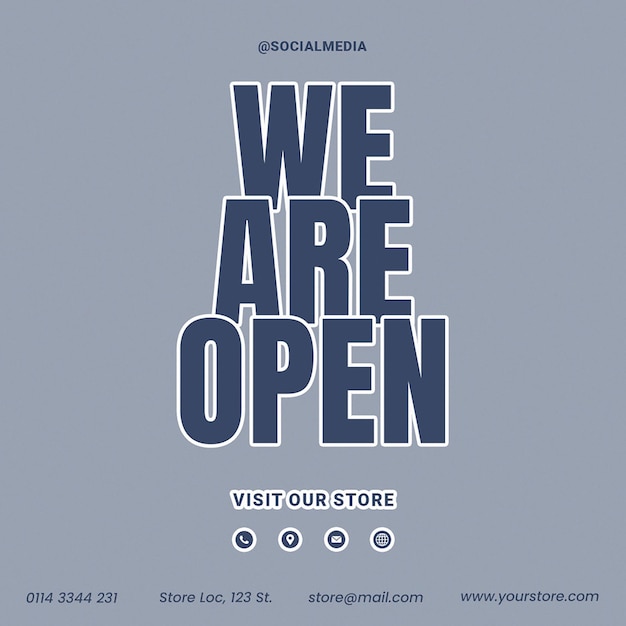 we are open instagram post template PSD design Social media layout typography store sign open now