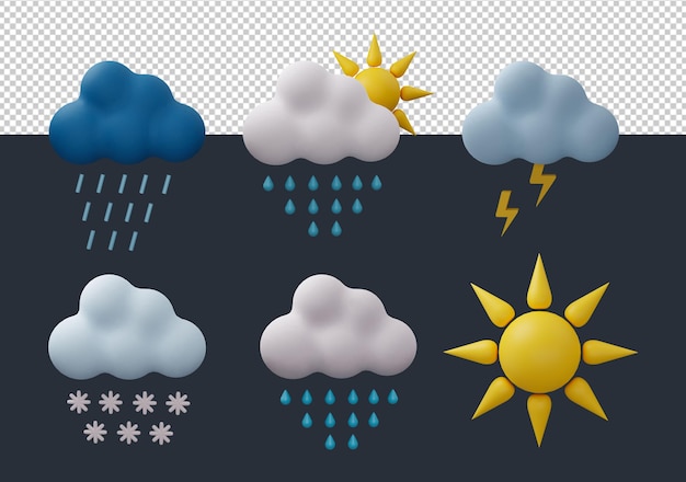 Weather illustrations collection with rainy snowy storm clouds and sun 3D weather illustrations collection