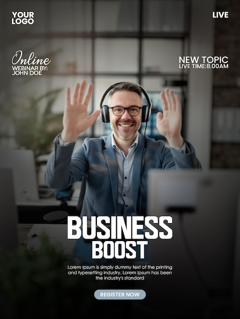 Webinar business poster template with a smiling man over video call