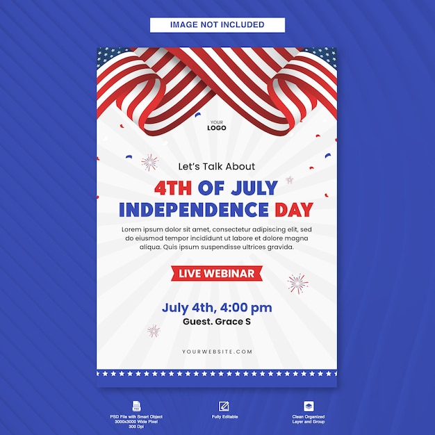 PSD webinar flyer a4 template for american 4th of july holiday celebration