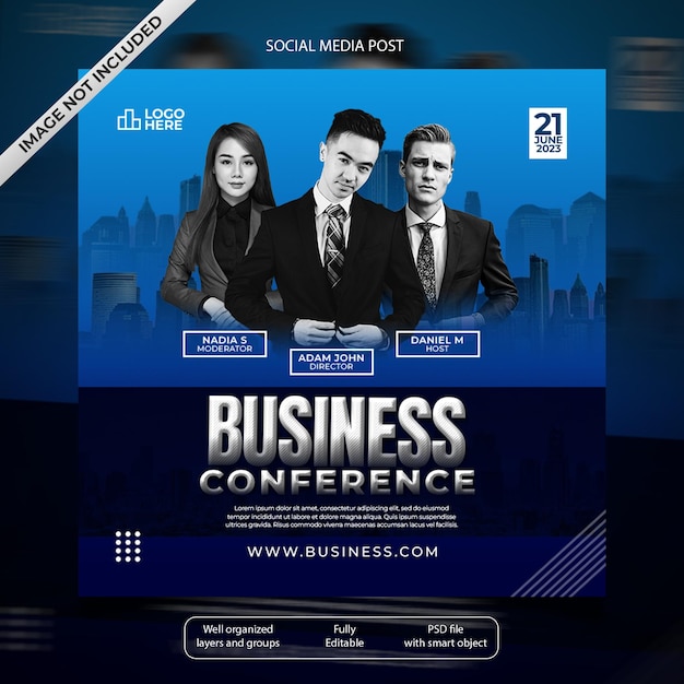 PSD webinar social media post design with blue background color and three person