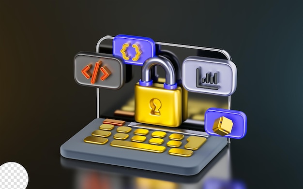 website development security lock with laptop chart line on dark background 3d render concept