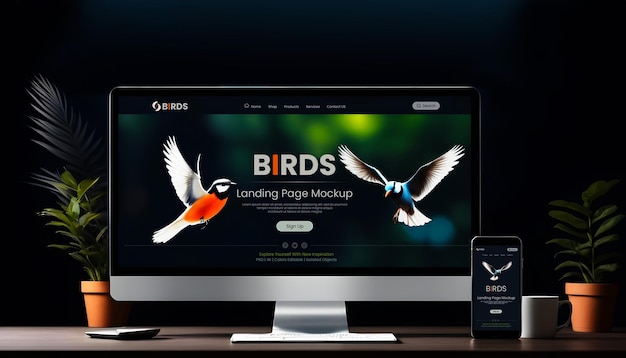 Website showcase mockup in responsive mobile screen and imac monitor device birds website template