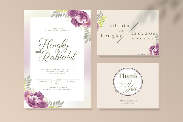 Wedding card with beautiful hand drawn watercolor backgroundIncludes Invintation PSD