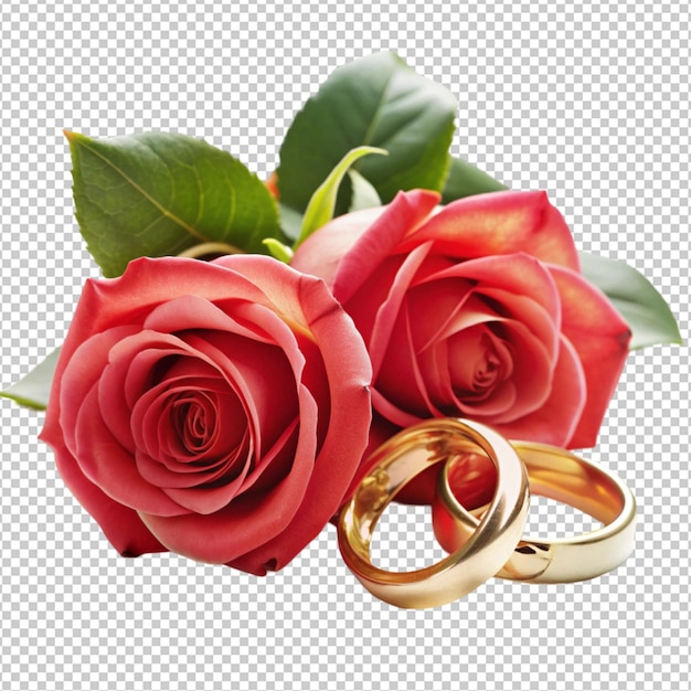 PSD wedding concept with roses and rings isolated on transparent background