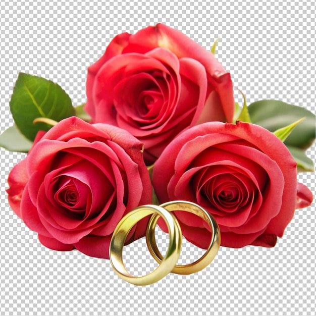 Wedding concept with roses and rings isolated on transparent background