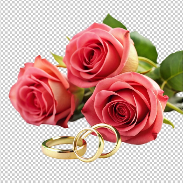 PSD wedding concept with roses and rings isolated on transparent background