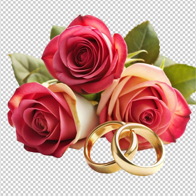 Wedding concept with roses and rings isolated on transparent background