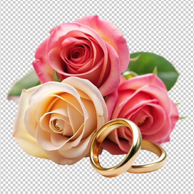 Wedding concept with roses and rings isolated on transparent background